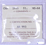 CANADA 1 Dollar 1935 King George V ICCS MS 64