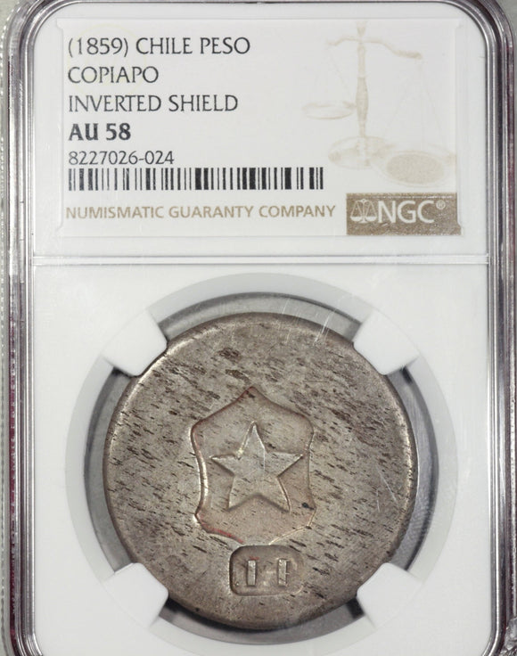 CHILE 1 Peso 1859 NGC AU 58 COPIAPO - ArabellaBanknotes.com