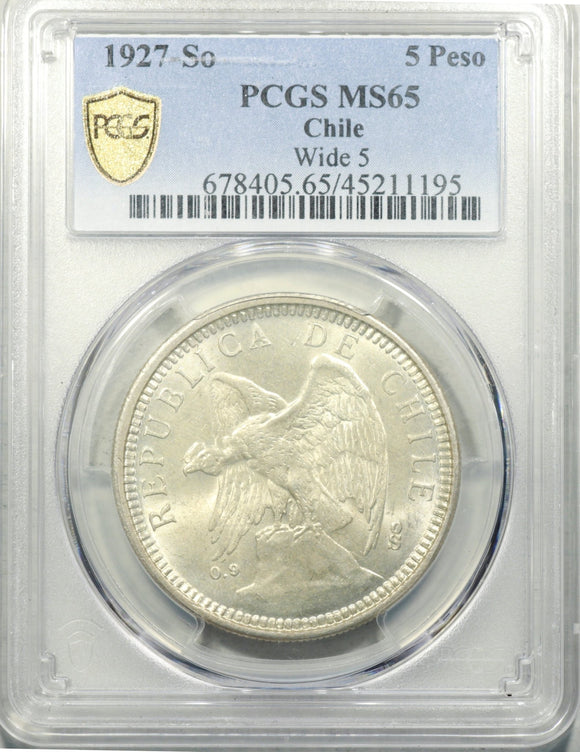 CHILE 5 Pesos 1927 - So PCGS MS 65 - ArabellaBanknotes.com