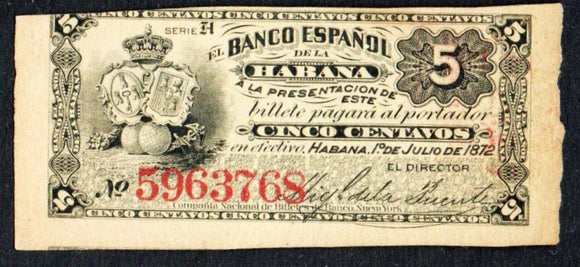 Cuba 5 Centavos 1872, P - 29a - ArabellaBanknotes.com