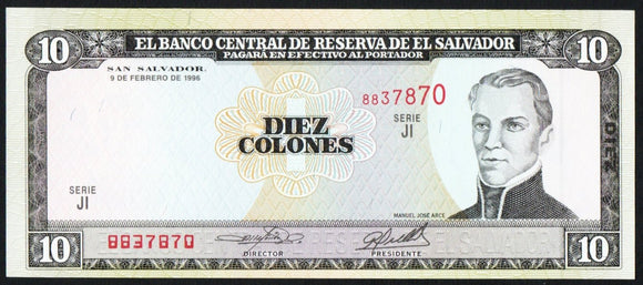 El Salvador 10 Colones 1996 P - 144 - ArabellaBanknotes.com
