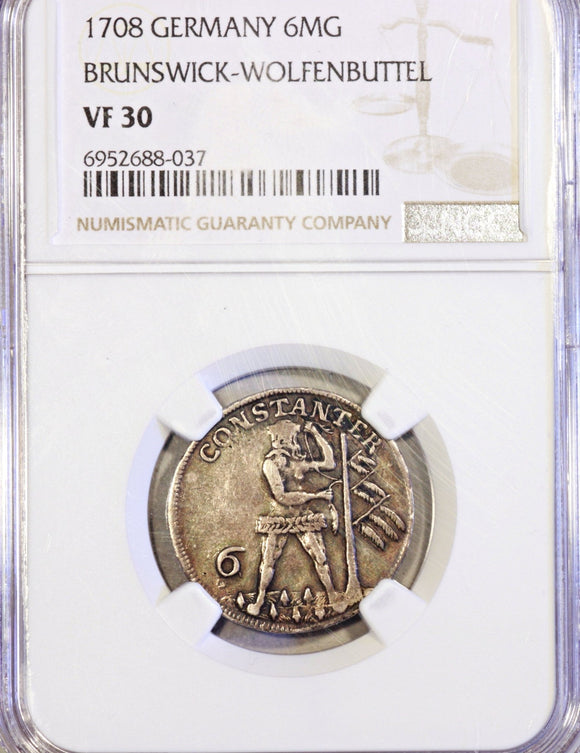 German states 1/6 Thaler 1708 Brunswick - Wolfenbüttel NGC VF 30 - ArabellaBanknotes.com