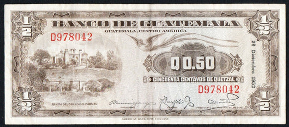 Guatemala 1/2 Quetzal 1952 P - 23 - ArabellaBanknotes.com