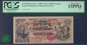 Argentina 1 Peso, L.1888 /1897, Catamarca, P-S1111b, PCGS 53 PPQ - ArabellaBanknotes.com