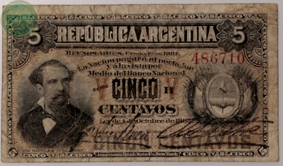Argentina republic 5 Centavos 1884 Series H, P-5 - ArabellaBanknotes.com