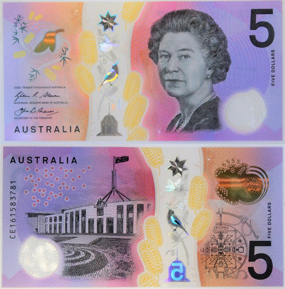 Australia $5 Dollars 2016, QEII, Polymer P-62 Unc - ArabellaBanknotes.com