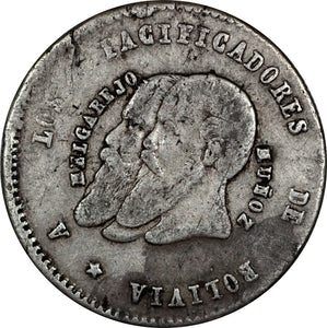 Bolivia 1/2 Melgarejo 1865, KM#145.2, Short beards - ArabellaBanknotes.com