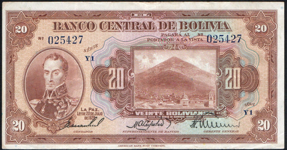 Bolivia 20 Bolivianos 1928, P-122 Extra fine Serie Y1 - ArabellaBanknotes.com