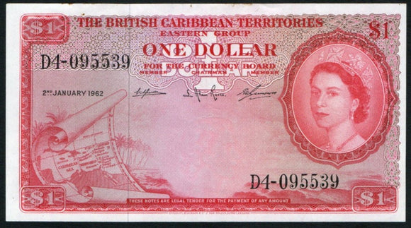 British Caribbean territories $1 1962, P-7, Queen Elizabeth II AU - ArabellaBanknotes.com