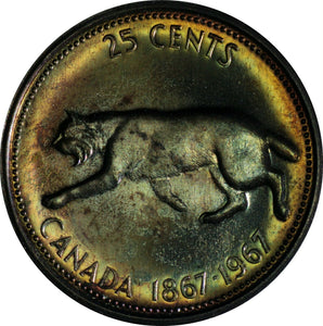 Canada 25 Cents 1967 KM#8 Proof like Rainbow toned Uncirculated Unc - ArabellaBanknotes.com