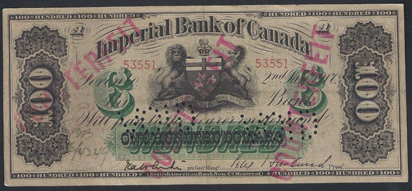 Canada Imperial Bank $100 1917 Punch holed VOID. /551 - ArabellaBanknotes.com