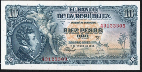 Colombia 10 Pesos Oro 1960, P-400 Uncirculated - ArabellaBanknotes.com