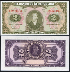 Colombia 2 Pesos Oro 1955, P-390d Unc - ArabellaBanknotes.com