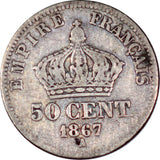 France 50 Centimes 1867-A KM#814.1 Napoleon - ArabellaBanknotes.com
