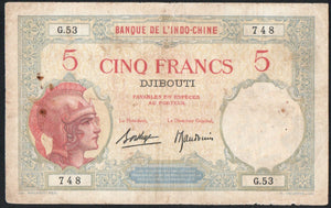 French Somaliland DJIBOUTI 5 Francs 1926-1938 P-6b - ArabellaBanknotes.com