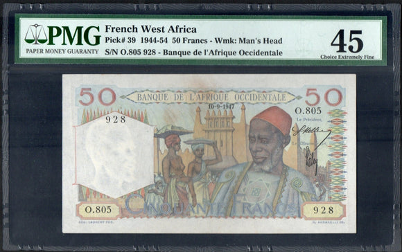 French West Africa 50 Francs 1947, P-39, PMG XF 45 - ArabellaBanknotes.com