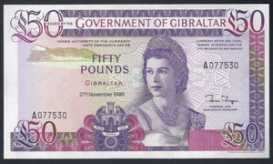 Gibraltar 50 Pounds 1986, P-24 Queen Elizabeth II QEII Uncirculated Unc - ArabellaBanknotes.com