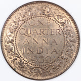 India 1/4 Anna 1939 (b), KM#530 King George VI Unc - ArabellaBanknotes.com