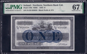 Ireland Northern Bank Ltd. 1 Pound, 1940, P-178b, PMG 67 EPQ - ArabellaBanknotes.com