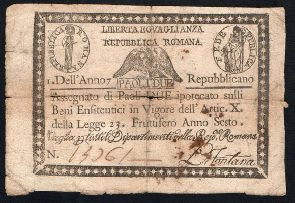 Italian States Republica ROMANA 2 Paoli Anno 7 (1798), P-S535 - ArabellaBanknotes.com