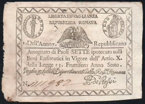Italian States Republica ROMANA 7 Paoli Anno 7 (1798), P-S537, note#1 - ArabellaBanknotes.com
