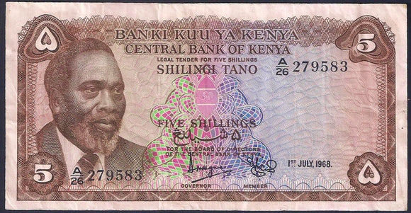 Kenya 5 Shillings 1968, P-1 - ArabellaBanknotes.com