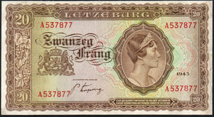 Luxembourg 20 francs 1943, P-42 - ArabellaBanknotes.com