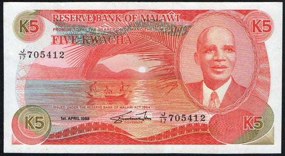 Malawi 5 Kwacha 1988, P-20 - ArabellaBanknotes.com
