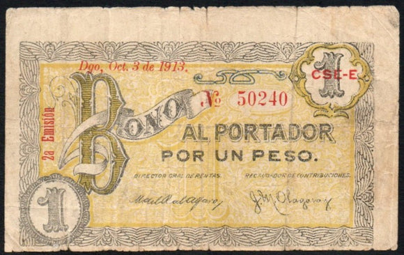 Mexico 1 Peso 1913 Banco al Portador DURANGO, M-1480 - ArabellaBanknotes.com