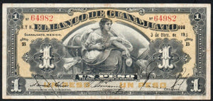 Mexico 1 Peso 1913 El Banco de GUANAJUATO, M-348a - ArabellaBanknotes.com