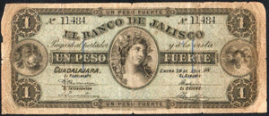 Mexico 1 Peso 1914 El Banco de JALISCO GUADALAJARA M-377a - ArabellaBanknotes.com