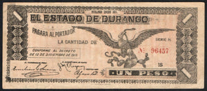 Mexico 1 Peso 1915 M-1505 El Estado de Durango - ArabellaBanknotes.com
