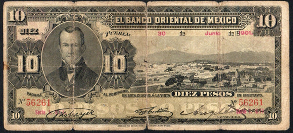 Mexico 10 Pesos 1901 El Banco Oriental M-461b - ArabellaBanknotes.com