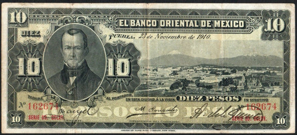 Mexico 10 Pesos 1910, El Banco Oriental de Mexico, M-461c - ArabellaBanknotes.com