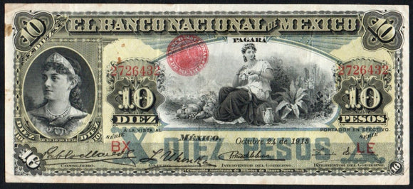 Mexico 10 Pesos 1913 El Banco Nacional Distrito Federal M-299e - ArabellaBanknotes.com