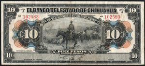 Mexico 10 Pesos 1913 M-96a El Banco del Estado de Chihuahua - ArabellaBanknotes.com
