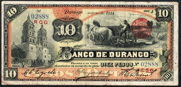 Mexico 10 Pesos 1914, Banco De Durango M#333d - ArabellaBanknotes.com