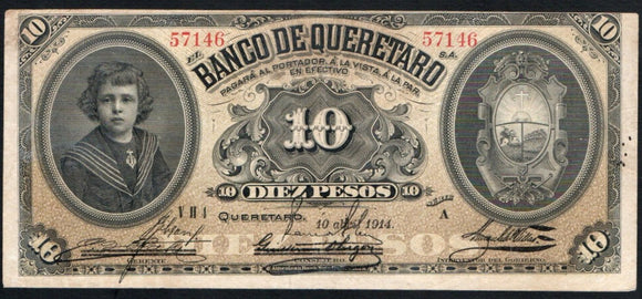 Mexico 10 Pesos 1914 Banco de QUERETARO, M-474b - ArabellaBanknotes.com