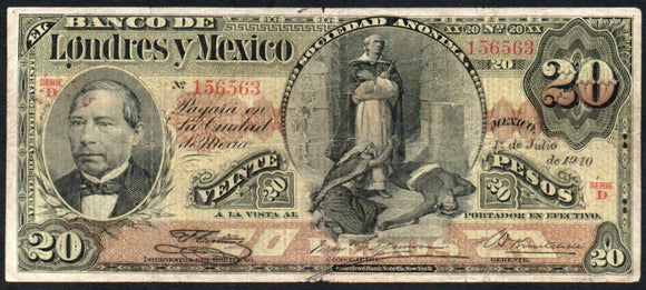 Mexico 20 Pesos 1910 Banco de Londres Y Mexico, M-273 - ArabellaBanknotes.com