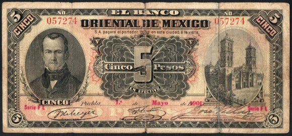 Mexico 5 Pesos 1901 El Banco Oriental M-460b, 274 - ArabellaBanknotes.com