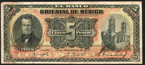 Mexico 5 Pesos 1910 El Banco oriental PUEBLA M-460 /320 - ArabellaBanknotes.com