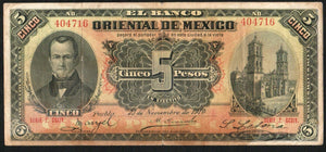 Mexico 5 Pesos 1910 El Banco oriental PUEBLA M-460 /716 - ArabellaBanknotes.com