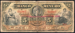 Mexico 5 Pesos 1910, M-131 El Banco Minero CHIHUAHUA O/P - ArabellaBanknotes.com