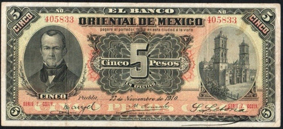 Mexico 5 Pesos 1910 PUEBLA Banknote 5833 - ArabellaBanknotes.com