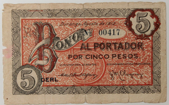 Mexico 5 Pesos 1913 Durango State, Municipal Issue M#1476 - ArabellaBanknotes.com