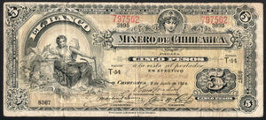 Mexico 5 Pesos 1913 M-154 El Banco Minero de Chihuahua T-54 - ArabellaBanknotes.com