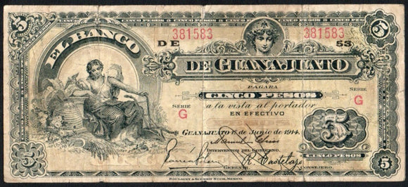 Mexico 5 Pesos 1914 Banco de GUANAJUATO M-358 - ArabellaBanknotes.com