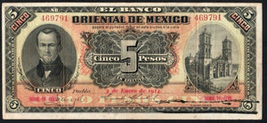 Mexico 5 Pesos 1914 El Banco oriental PUEBLA Banknote 9791 - ArabellaBanknotes.com