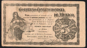 Mexico 5 Pesos 1915 Gobrieno Convencionista MORELOS M-3202 -2- - ArabellaBanknotes.com