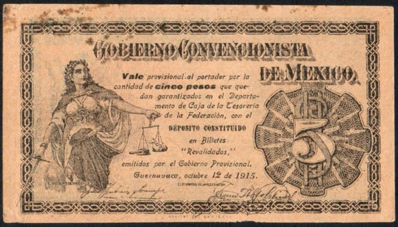 Mexico 5 Pesos 1915 Gobrieno Convencionista MORELOS M-3202 - ArabellaBanknotes.com